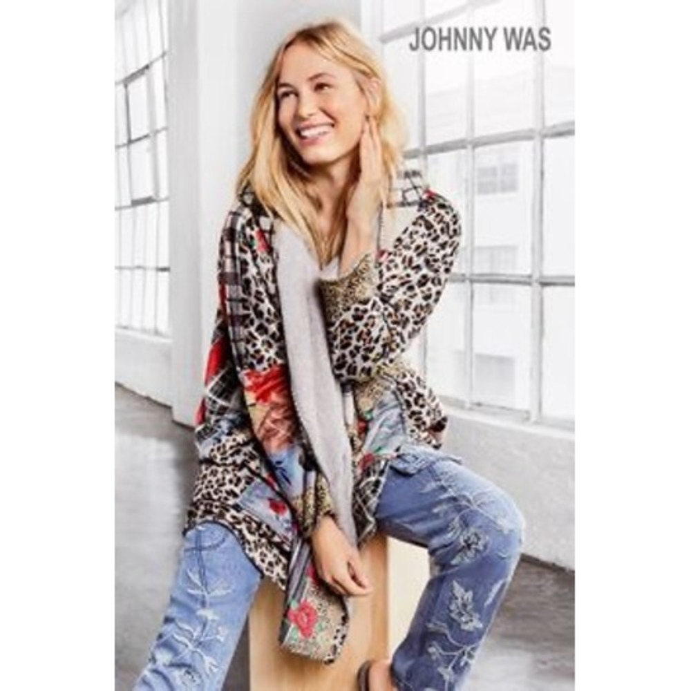 Johnny Was Mixed Print Patchwork Hooded Cardigan Leopard Floral Plaid Boho Med